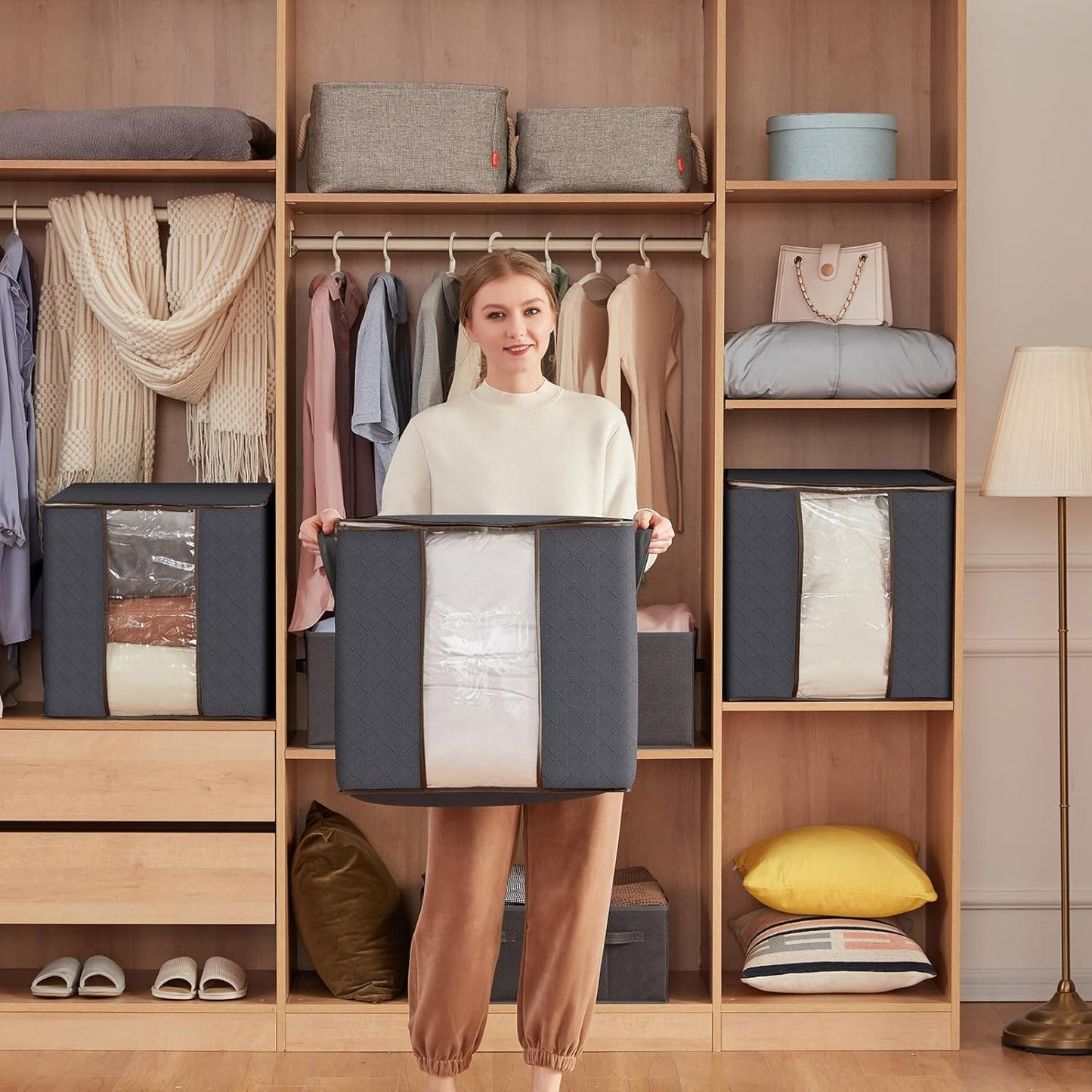 Lifewit 6 Packs 100L Clothes Storage Bag, Storage Bins for Clothes, Blankets, Comforters, Foldable Clothing Storage with Reinforced Handle, Sturdy Zipper, Closet Organizer With Clear Window, Gray