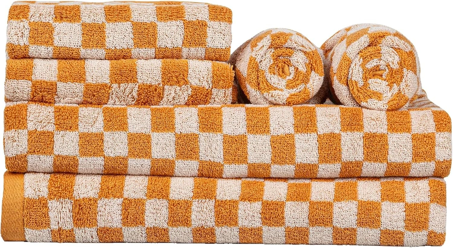 Checkered Bath Towels Set of 6 Large, 520GSM, 100% Cotton Shower Towels * 2 (55.12"*27.56"), Hand Towels * 4 (29.52"*13.77"),Towels for Bathroom、Pool、Hotel, Spa, Soft Absorbent（Orange