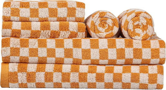 Checkered Bath Towels Set of 6 Large, 520GSM, 100% Cotton Shower Towels * 2 (55.12"*27.56"), Hand Towels * 4 (29.52"*13.77"),Towels for Bathroom、Pool、Hotel, Spa, Soft Absorbent（Orange