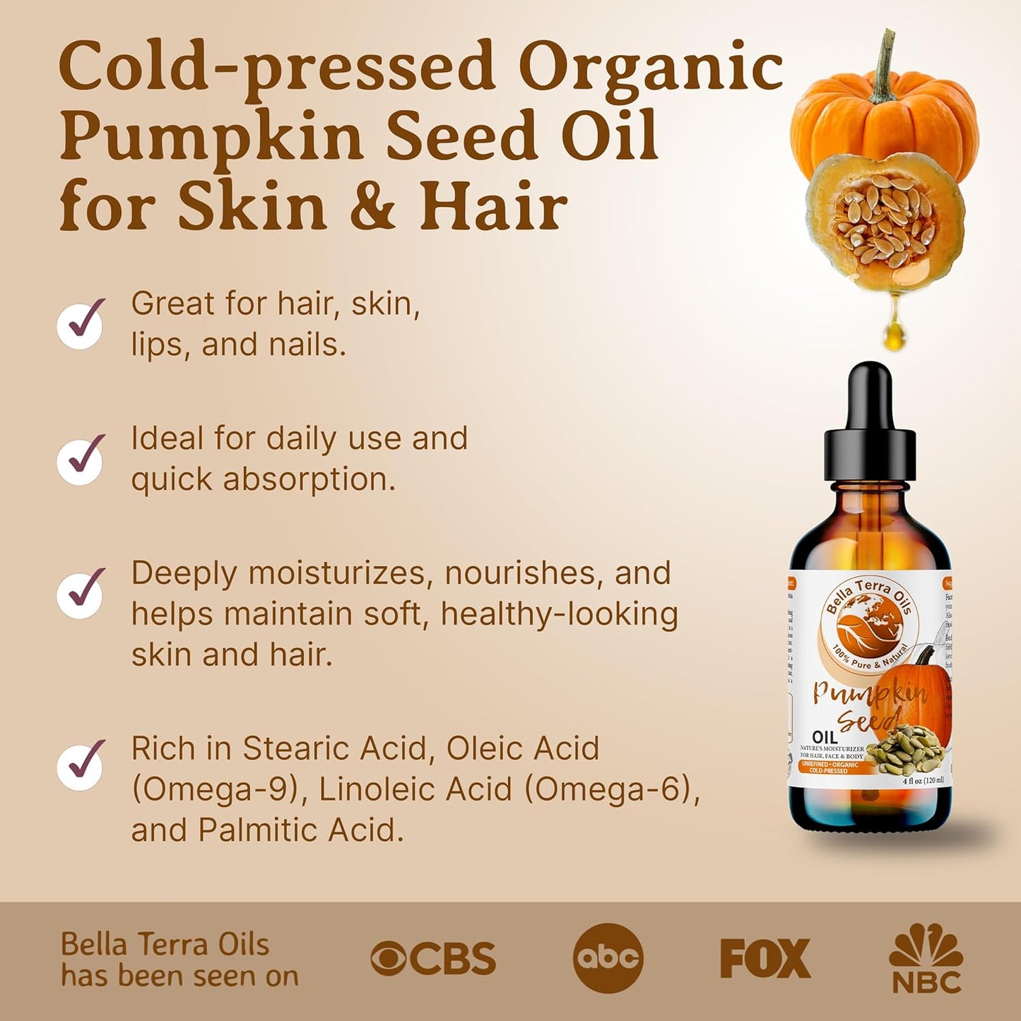 Bella Terra Oils Pumpkin Seed Oil 8oz - Organic, Cold-Pressed, Rich in Omega-9 & Essential Nutrients