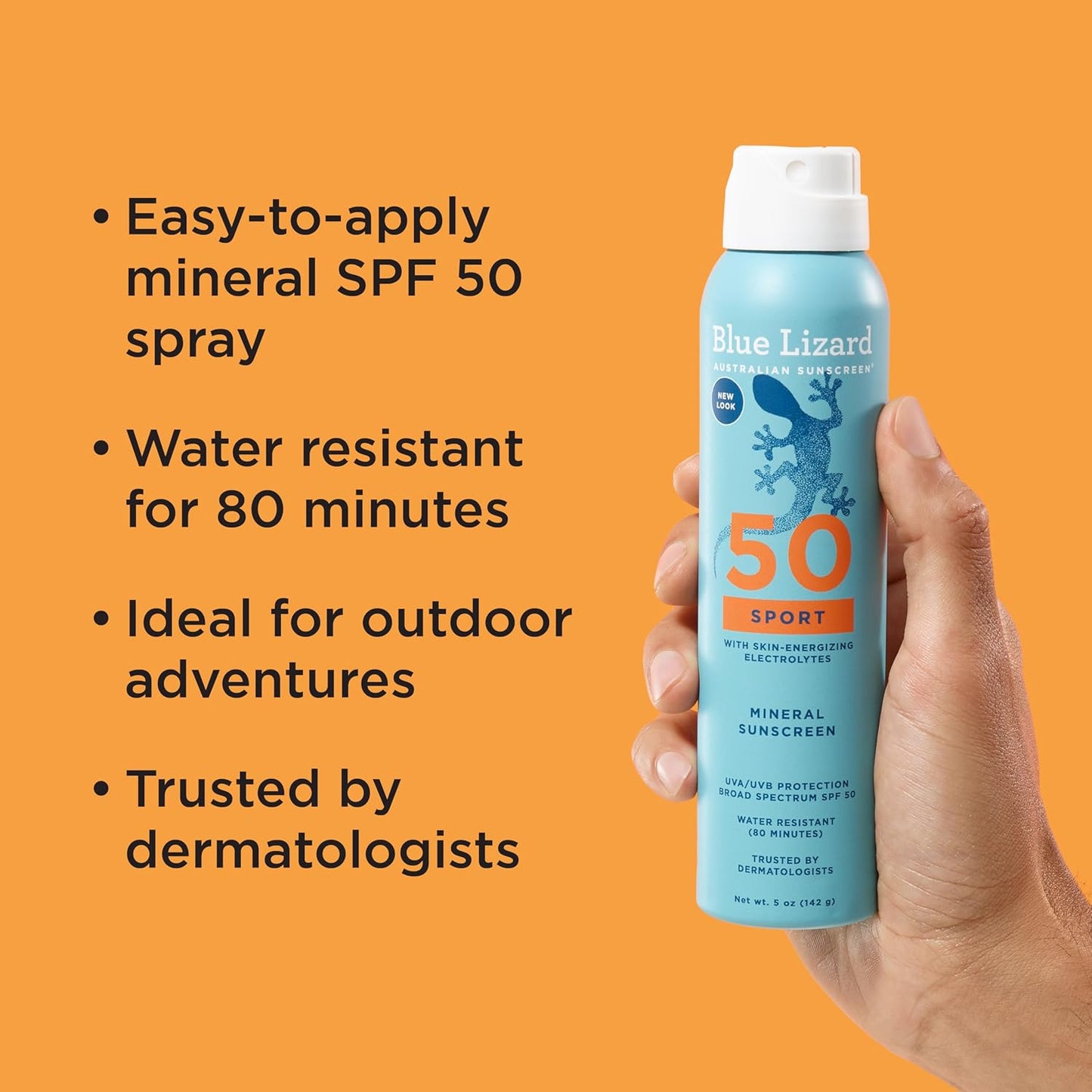 BLUE LIZARD Sport Mineral Sunscreen Spray SPF 50+, Dermatologist-Recommended Brand, Broad-Spectrum UVA/UVB Protection, Water-Resistant, Zinc Oxide Formula, Vegan, 5 fl oz