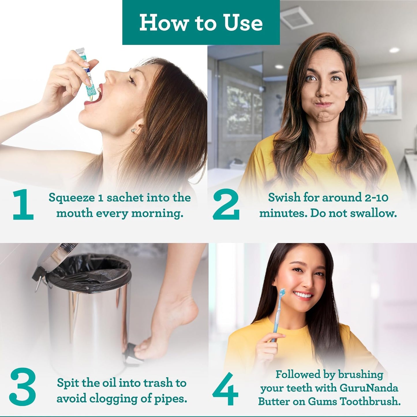 GuruNanda Travel Sachets Coconut Oil Pulling, Fresh Breath Mouthwash, 7 Essential Oils & Vitamins for Happy Teeth & Gums, 7 Sachets