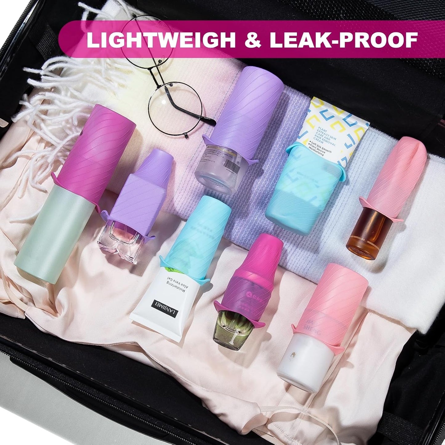 Bottle Covers for Travel, Leak Proofing, Travel Size Container Silicone toiletry sleeves, Leak Locks Travel Accessories for Shampoo Wash Body Bottles and other beauty and personal care(8pcs)