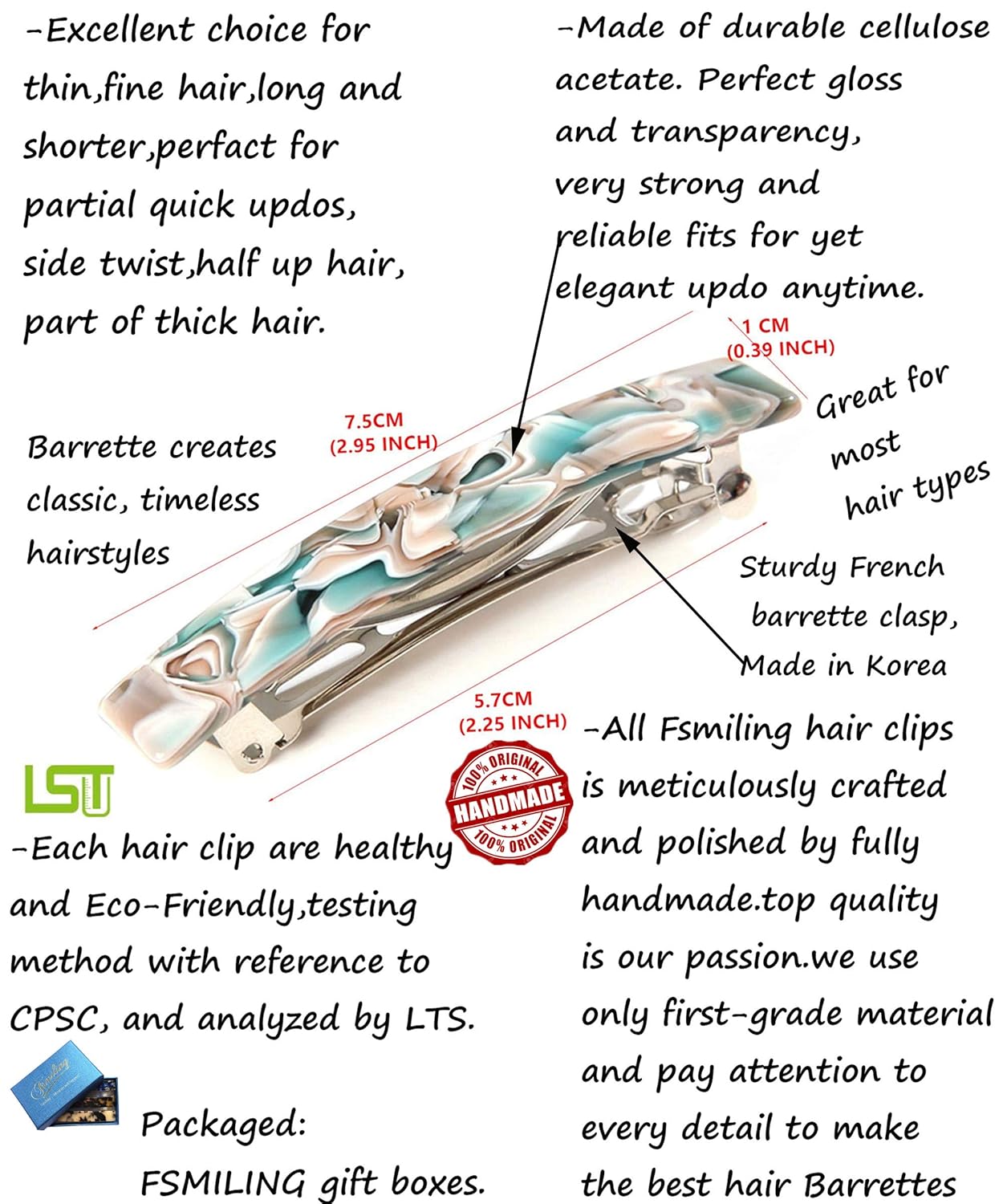 Fsmiling Hair Barrettes for Women French Hair Barrette Clip Small Acetate Hair Clips Barrette No Slip Hair Accessories 3-Pack