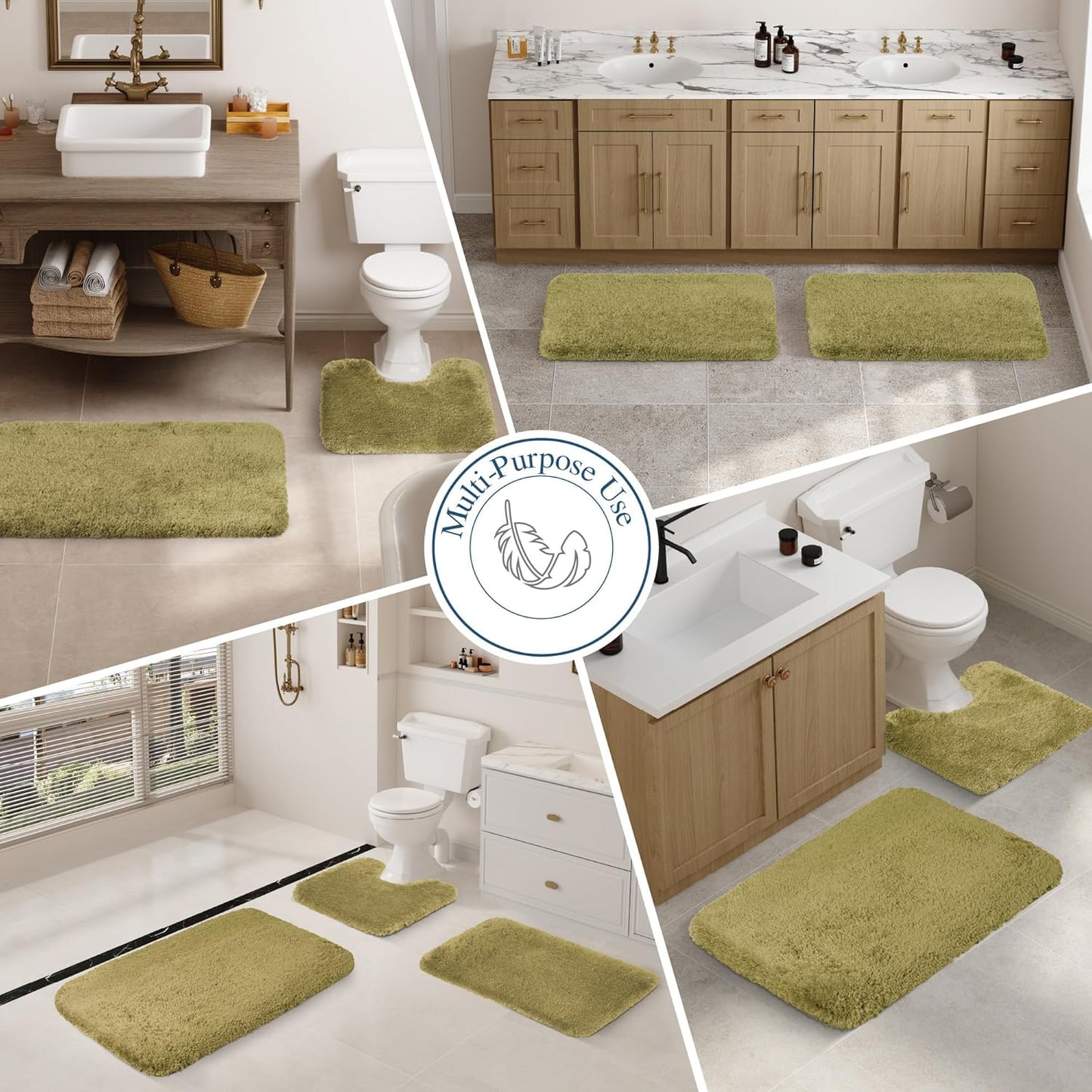 Walensee Bath Rug Non Slip Absorbent Olive Green Microfiber Shaggy Mat (16 x 24), Machine Washable Thick Plush for Shower