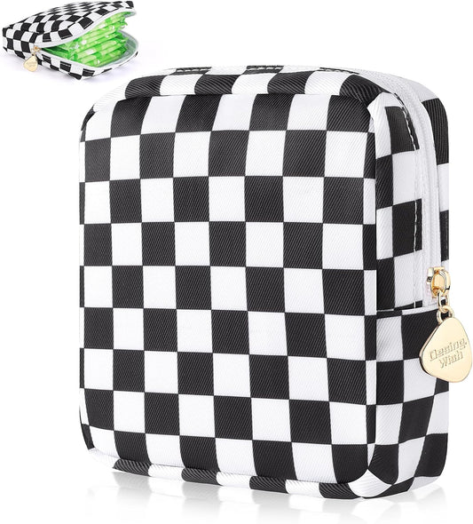 Desing Wish Sanitary Pad Storage Bag Portable Period Bag for Teen Pads/Sanitary Napkins/Small Tampons, Sanitary Napkin Storage Bag First Period Gifts for Teen Girls (Black-white Check)