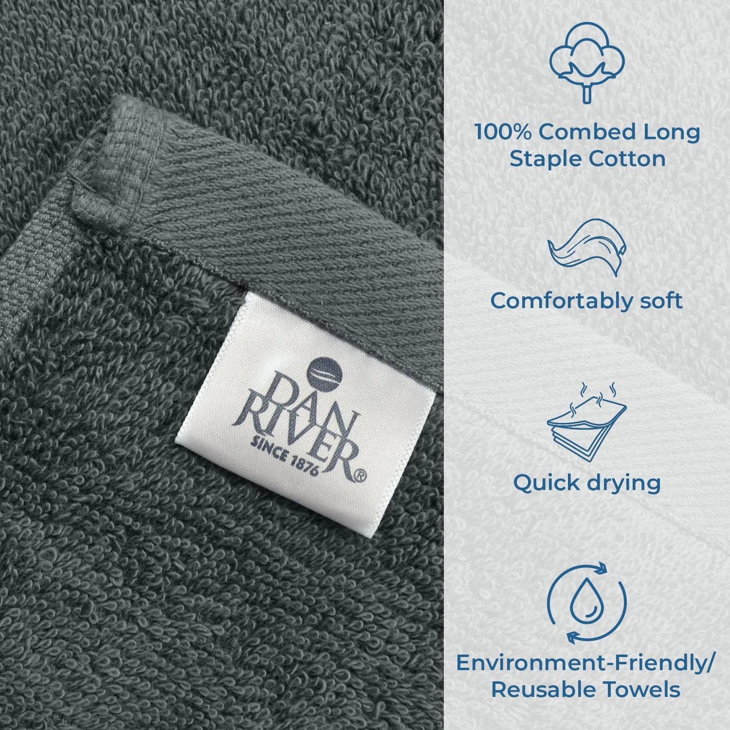 DAN RIVER Bath Towels Set of 4, 27 x 54 Inches, 100% Cotton, Larger & Lighter Weight, Quicker to Dry, Super Soft and Absorbent, Ideal Gray Bath Towels for Daily Use