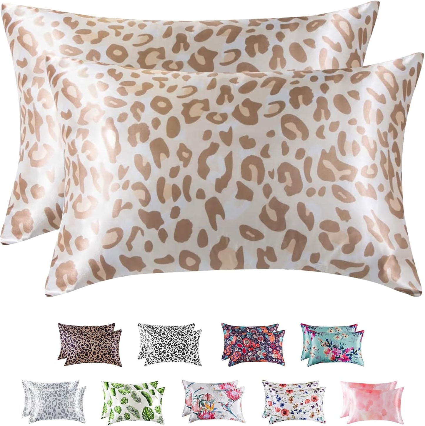 MR&HM Satin Pillowcase for Hair and Skin, Silk Satin Pillowcase 2 Pack, King Size Pillow Cases Set of 2, Silky Pillow Cover with Envelope Closure (20x40, Champagne Leopard)