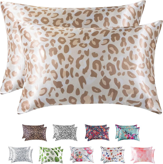 MR&HM Satin Pillowcase for Hair and Skin, Silk Satin Pillowcase 2 Pack, King Size Pillow Cases Set of 2, Silky Pillow Cover with Envelope Closure (20x40, Champagne Leopard)