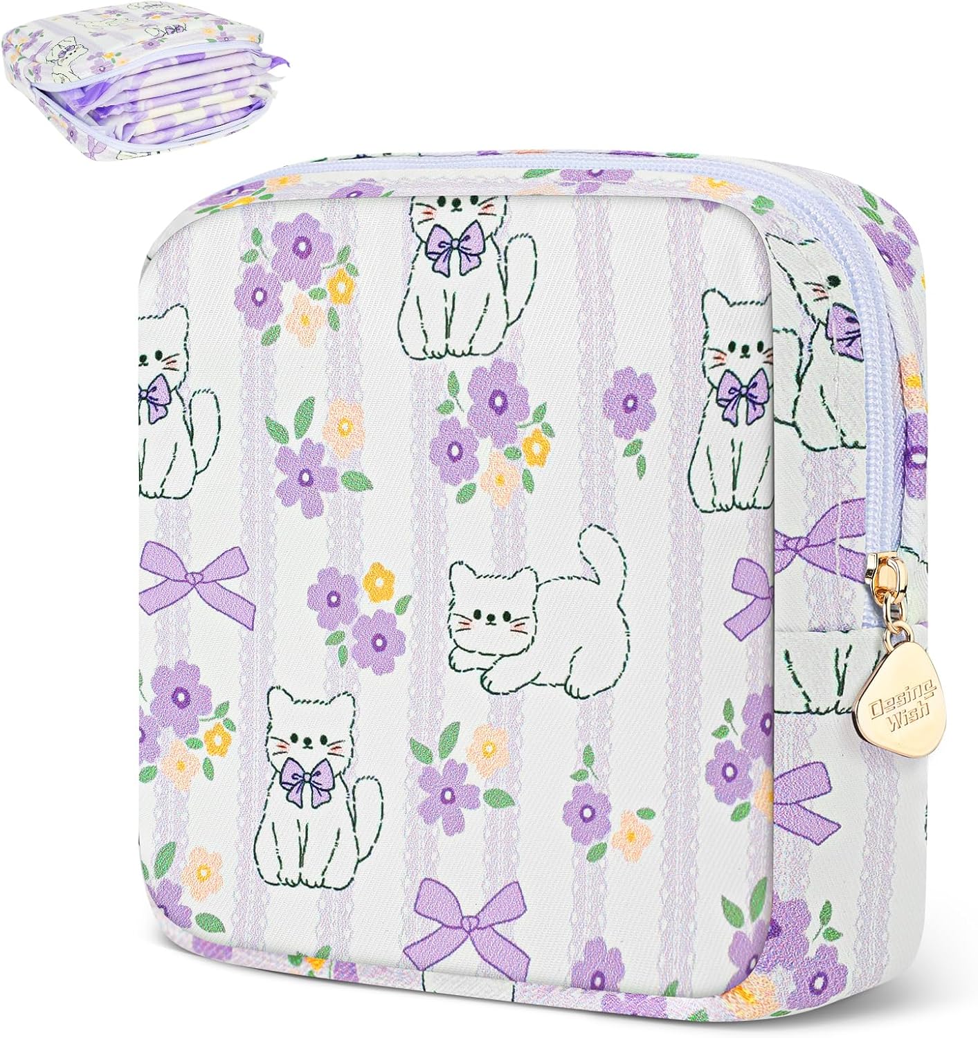 Desing Wish Sanitary Pad Storage Bag Portable Period Bag for Teen Pads/Sanitary Napkins/Small Tampons, Sanitary Napkin Storage Bag First Period Gifts for Teen Girls (Purple Bowknot Cat)