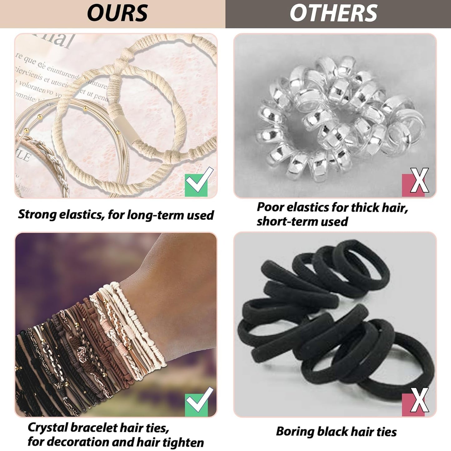 20 PCS Boho Ponytail Holders - 4 Neutral Colors, 5 Styles Hair Bands & Bracelets for Women's Thick or Thin Hair, No Damage