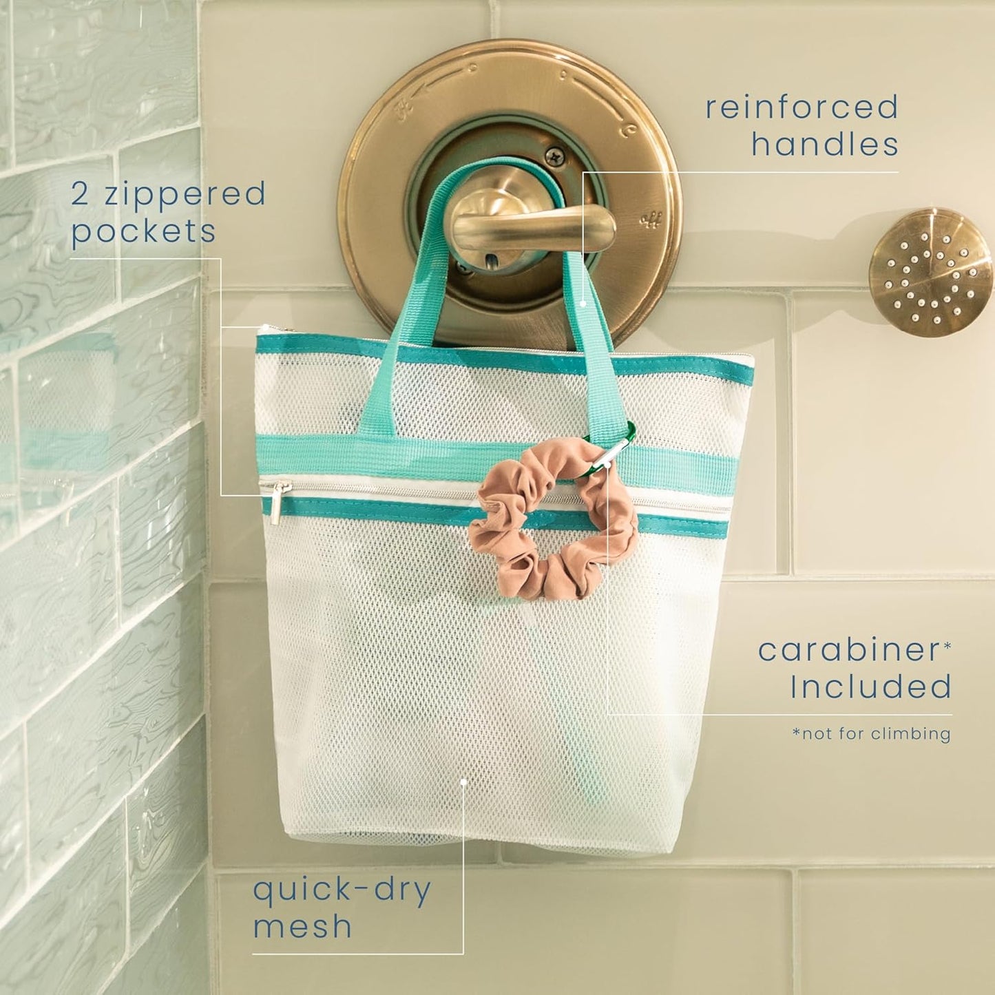 S&T INC. Mesh Shower Caddy, Shower Bag for Dorm Room Essentials, Gym Bag, Camping and More, Two Zippered Pockets, White and Teal, 10 Inches x 10 Inches