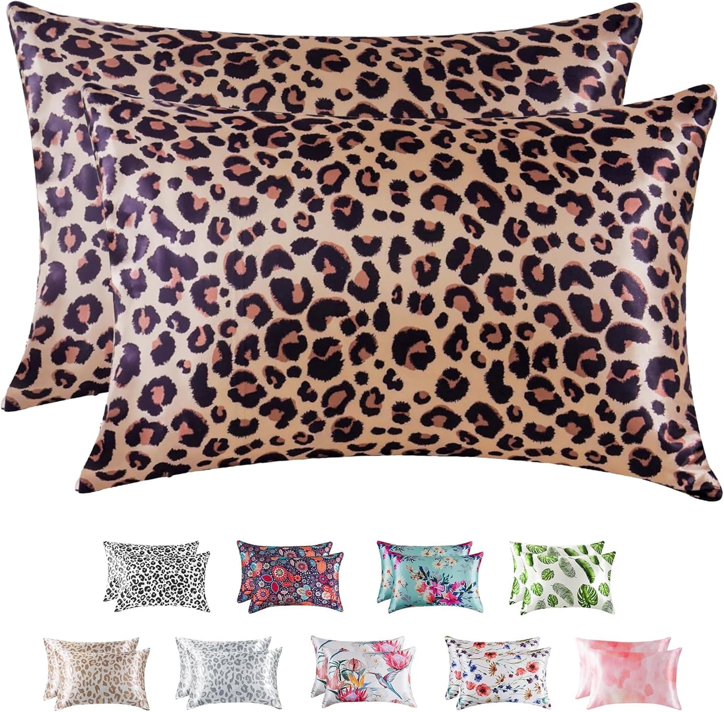 MR&HM Satin Pillowcase for Hair and Skin, Silk Satin Pillowcase 2 Pack, Standard Size Pillow Cases Set of 2, Silky Pillow Cover with Envelope Closure (20x26, Brown Leopard)