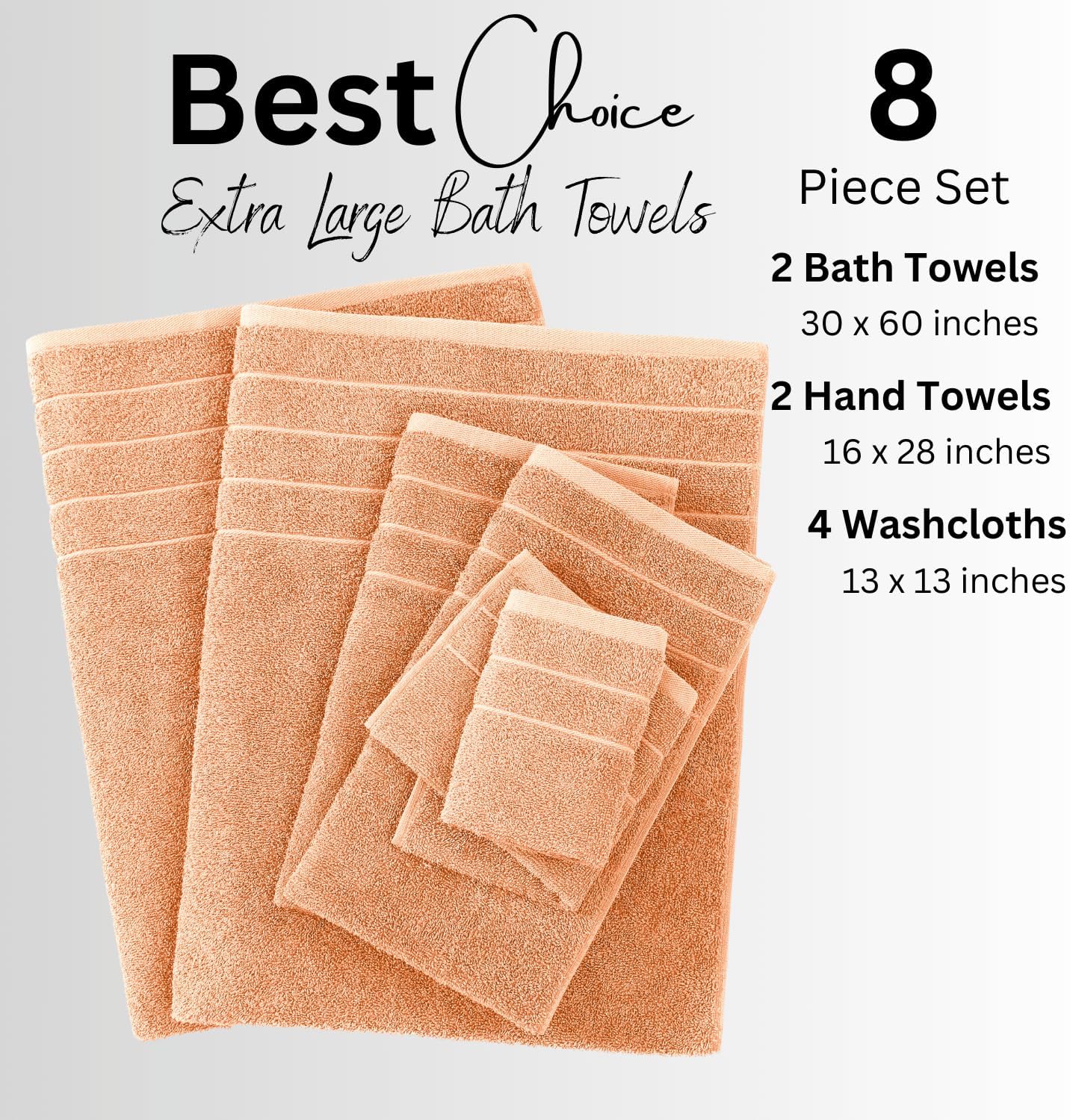 Casa Platino 100% Cotton Bathroom Towel Set - 8 Pc - Ringspun, Quickdry, Super Soft & Highly Absorbent - 2 Large Bath Towels, 4 Washcloths, 2 Hand Towel - Pre Shrunk & Fade Resistant - Peach Fuzz