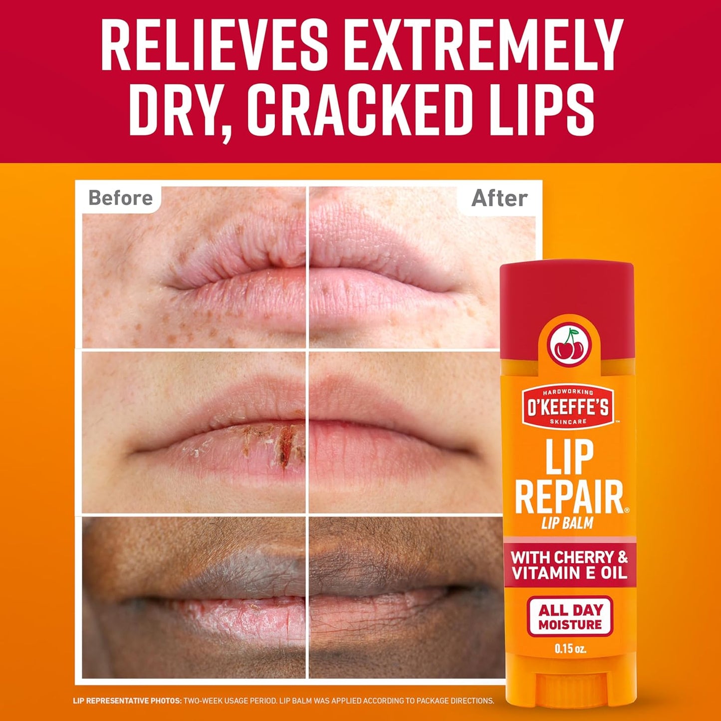 O'Keeffe's Lip Repair Lip Balm with Cherry & Vitamin E Oil - Stick (Twin Pack) - Moisturizer for Extremely Cracked, Dry Lips