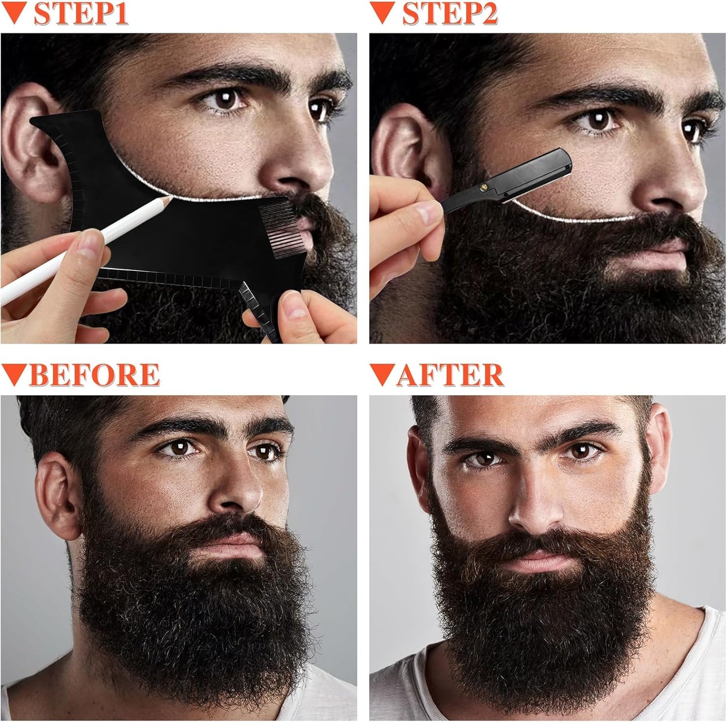 Beard Shaper for Men Beard Shaping Tools - Beard Template Guide, Professional Straight Edge Razor, 10 PCS Double Edge Blade, Barber Pencil, Beard Comb, 2 Stainless Steel Scissors Mustache Lineup Tools