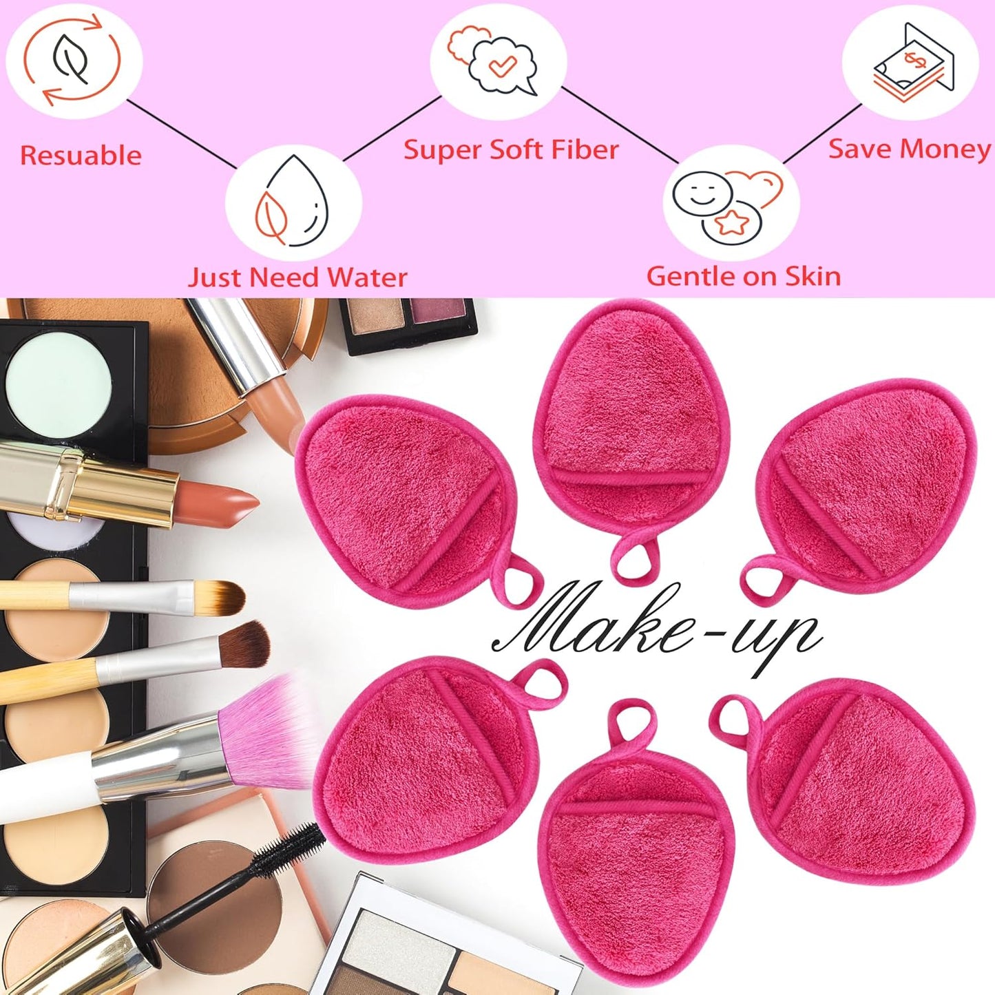 Reusable Makeup Remover Pads Soft Makeup Remover Cloths Washable Facial Makeup Cleansing Pads for Face,Lip,Eyes Pink 6PCS