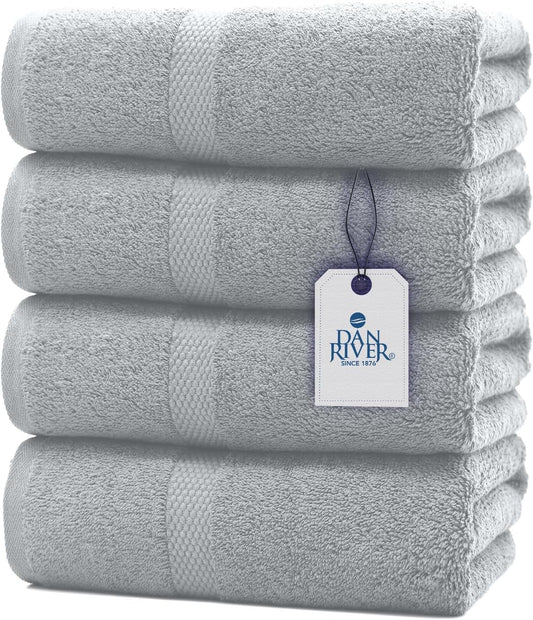 DAN RIVER Bath Towels Set of 4, 27 x 54 Inches, 100% Cotton, Larger & Lighter Weight, Quicker to Dry, Super Soft and Absorbent, Ideal Thick Towels for Daily Use, Silver