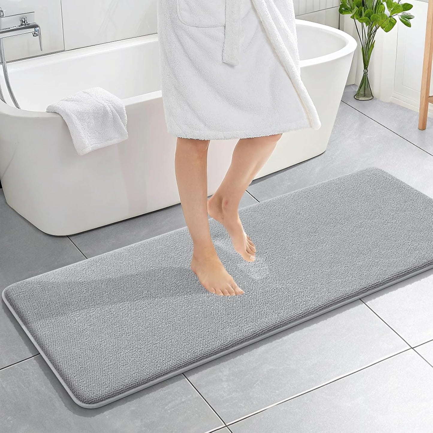 OLANLY Thick Memory Foam Bath Mat Rug 59x20, Extra Soft Absorbent Bathroom Rug, Quick Dry Bath Mats, Non-Slip, Machine Washable Carpet for Bathroom, Tub and Shower, Home Decor Accessories, Light Grey