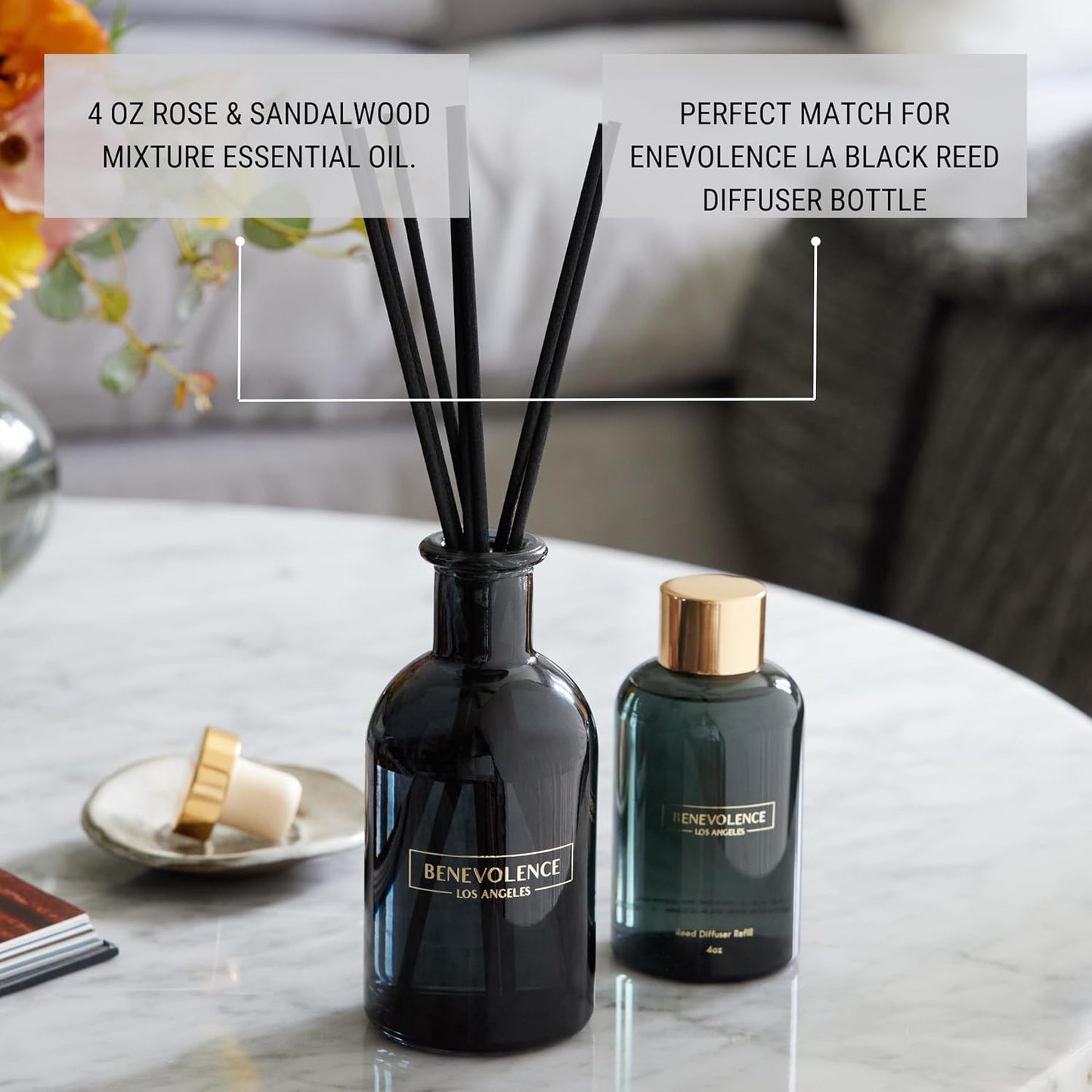 Benevolence LA Rose & Sandalwood Reed Diffuser Oil Refill | Long Lasting Home Fragrance for Bathroom and Bedroom | Essential Oils for Relaxation - 4 oz