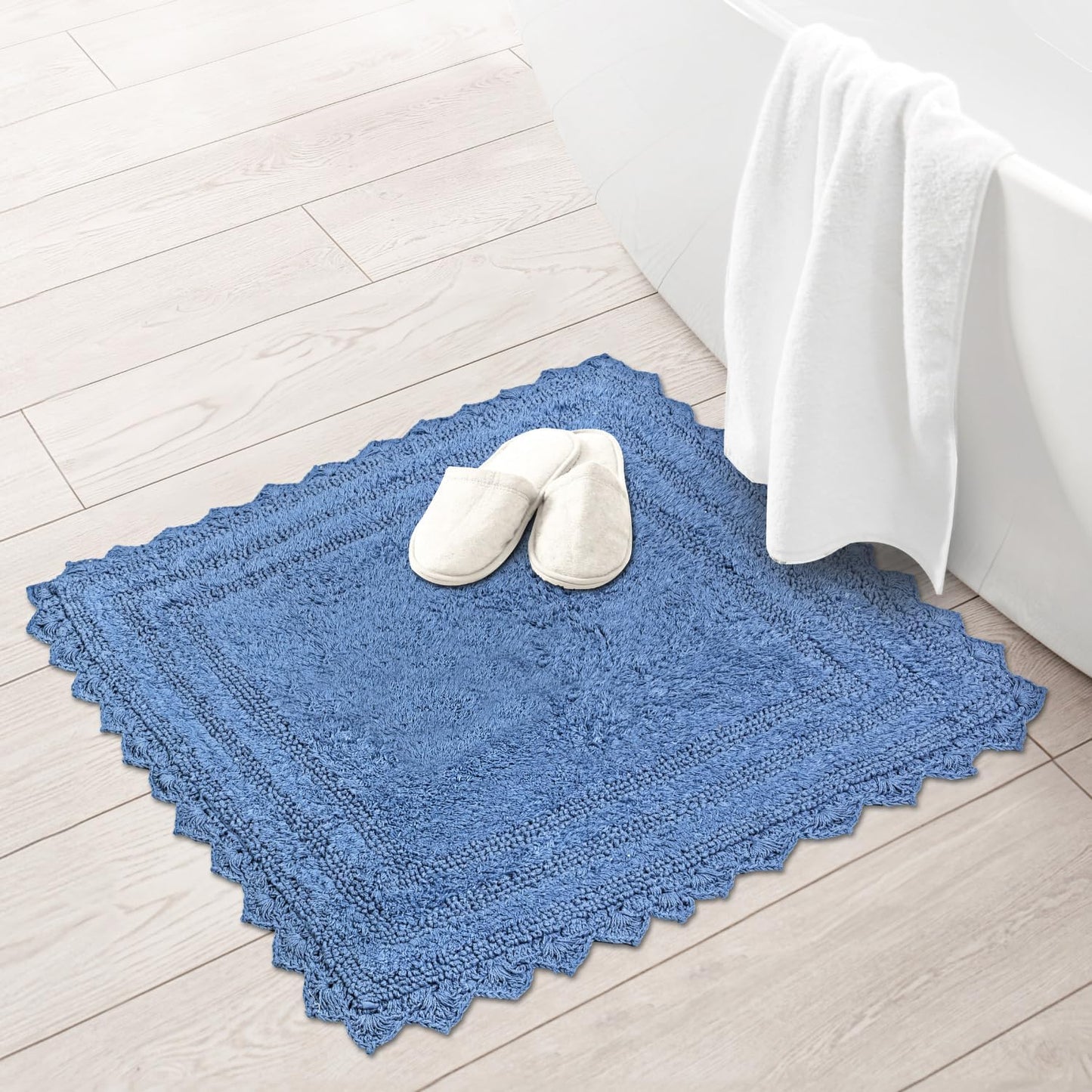 RAJRANG Parisian Blue Bath Mat 24 Inches Soft Absorbent Cotton Crochet Bath Rug for Bathroom Kitchen Spa Hotel