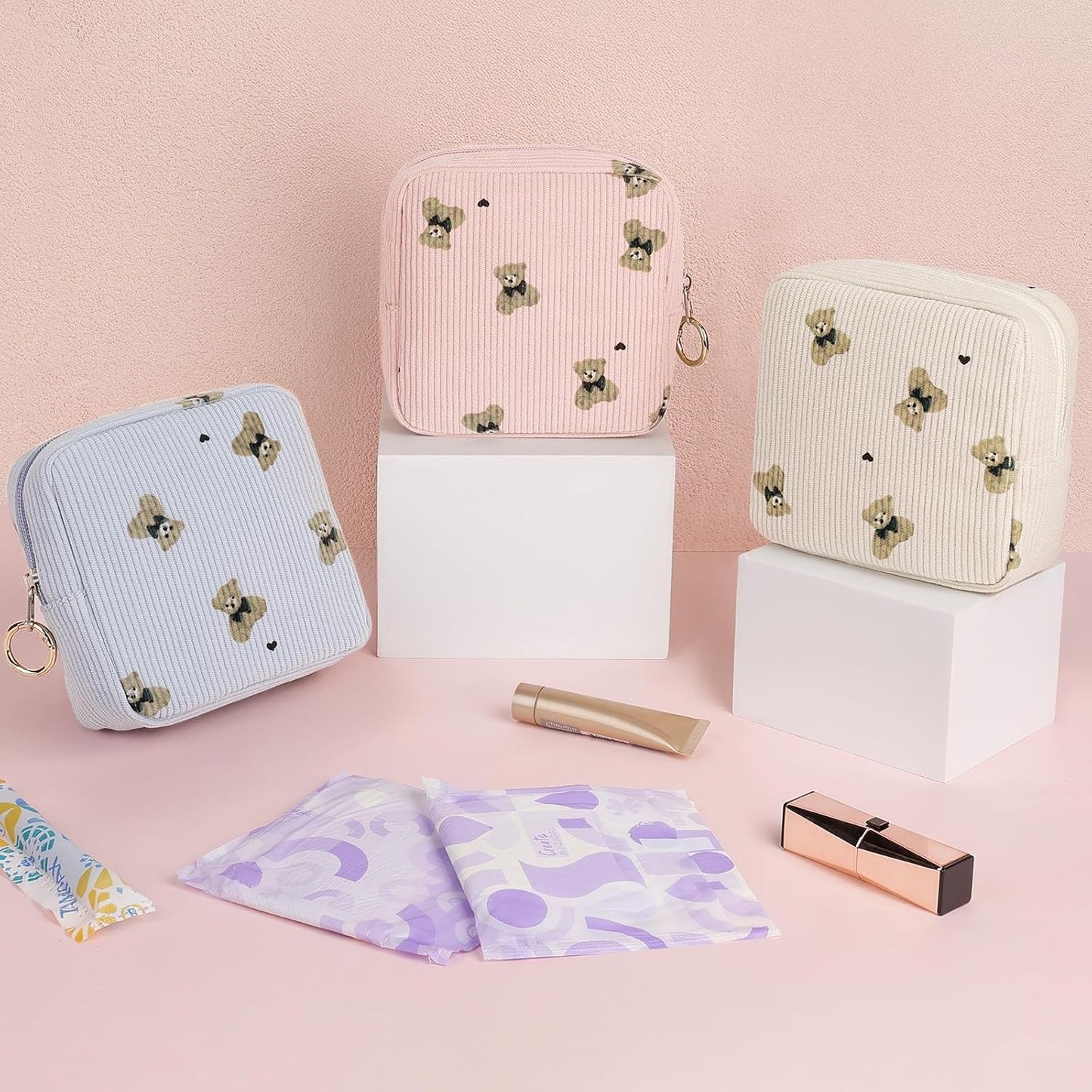 Cute Period Bag for Teen Girls, Bears Corduroy Sanitary Napkin Storage Bag, Menstrual Pad Pouch Tampon Holder for Purse (Khaki)