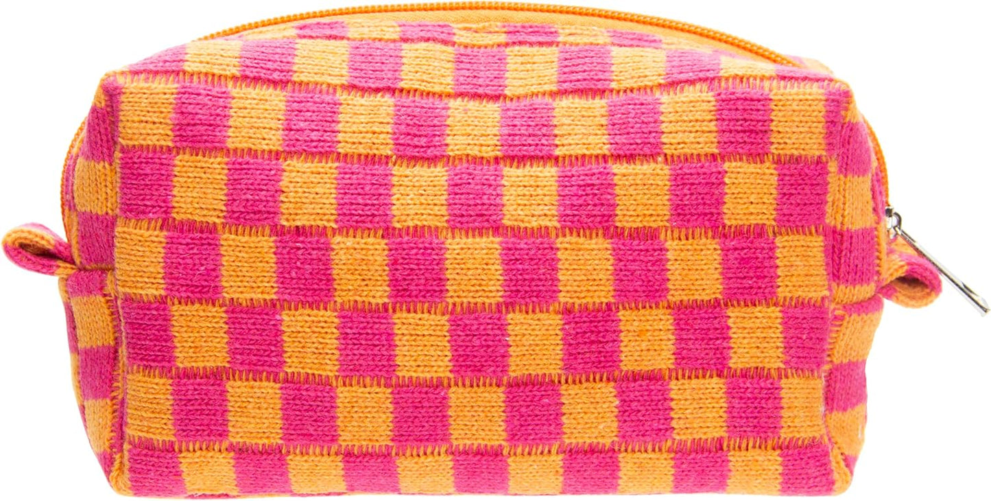PAZIMIIK Checkered Makeup Bag for Purse Portable Zipper Make Up Pouch Small Cosmetic Case for Travel Red Orange