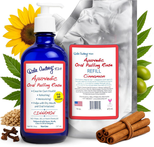 Natural Oil Pulling for Teeth and Gums | Cinnamon Flavored Oral Rinse Mouthwash for Bad Breath | Organic Essential Oil for Teeth Whitening & Gum Health, Cobalt Glass Bottle with Refill Pouch-16 FL Oz