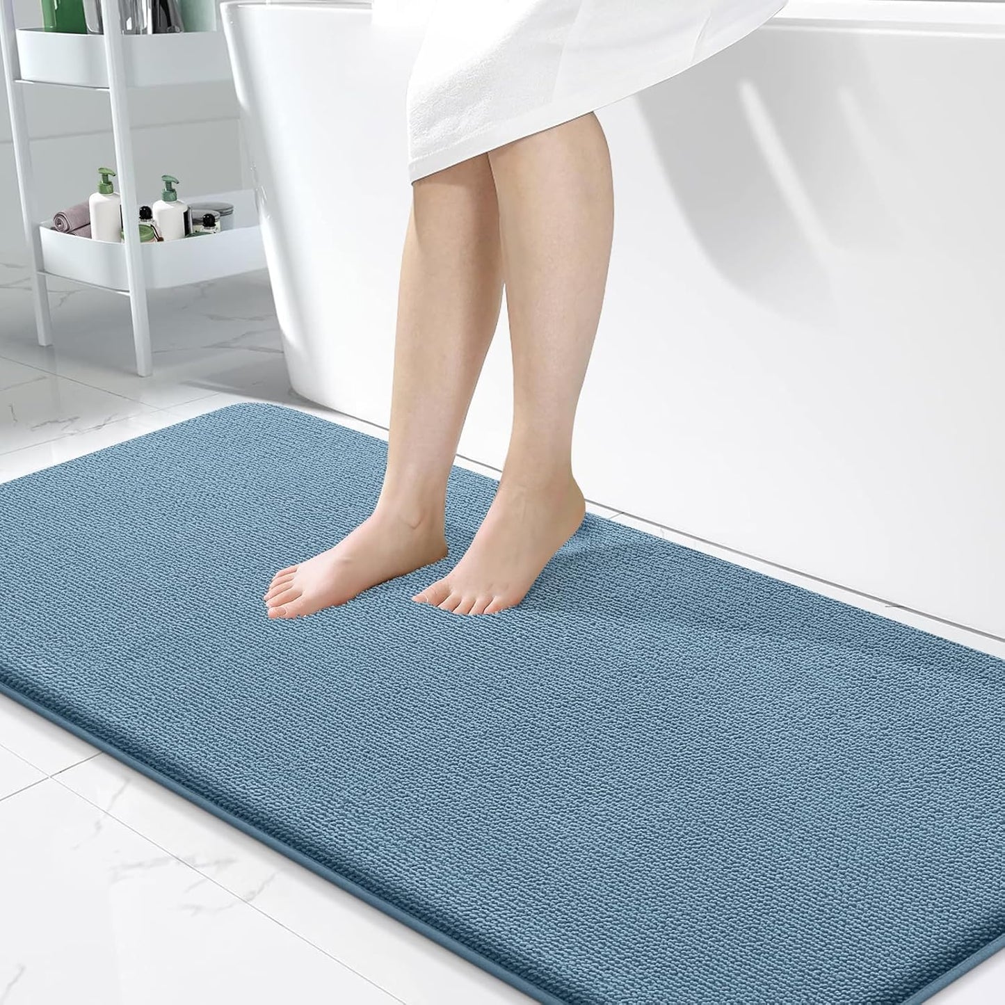OLANLY Thick Memory Foam Bath Mat Rug 47x24, Extra Soft Absorbent Bathroom Rug, Quick Dry Bath Mats, Non-Slip, Machine Washable Carpet for Bathroom, Tub and Shower, Home Decor Accessories, Airy Blue
