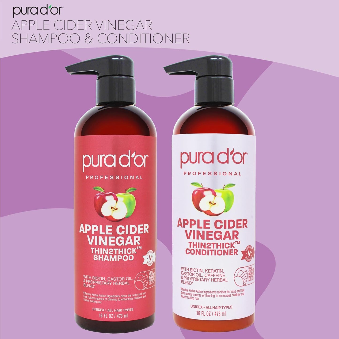 PURA D'OR Apple Cider Vinegar Thin2Thick Set (16oz x 2) ACV Shampoo & Conditioner, Clarifying - Biotin, Keratin, Caffeine, Castor Oil, Aloe - All Hair Types, Men & Women (Packaging may vary)