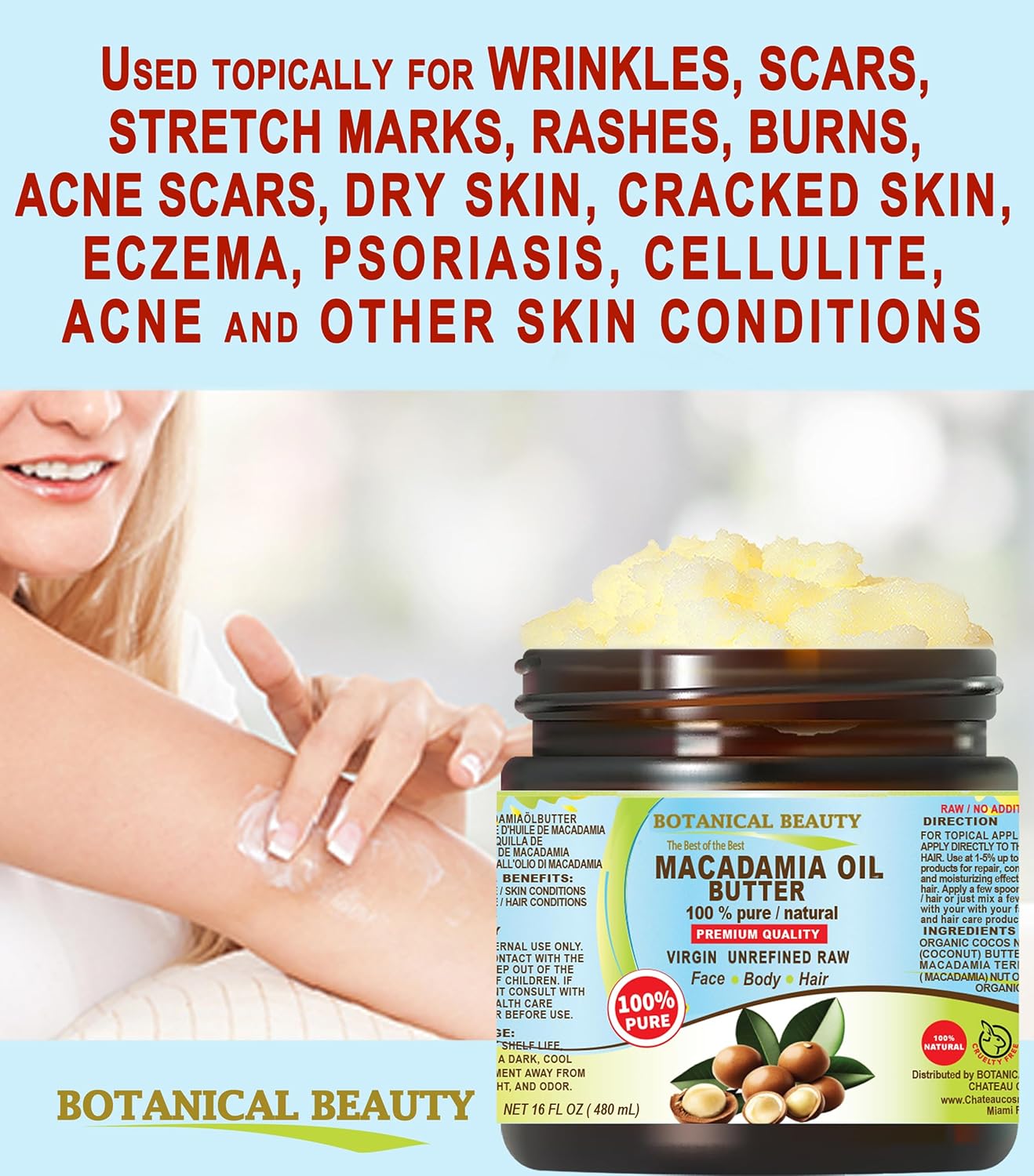 Botanical Beauty MACADAMIA OIL BUTTER 100% Pure Natural VIRGIN UNREFINED Cold-Pressed for Face, Skin, Body, Hair, Lip, Nails. Rich in Vitamin E, Omega 3, Omega 6 (4 Fl Oz)