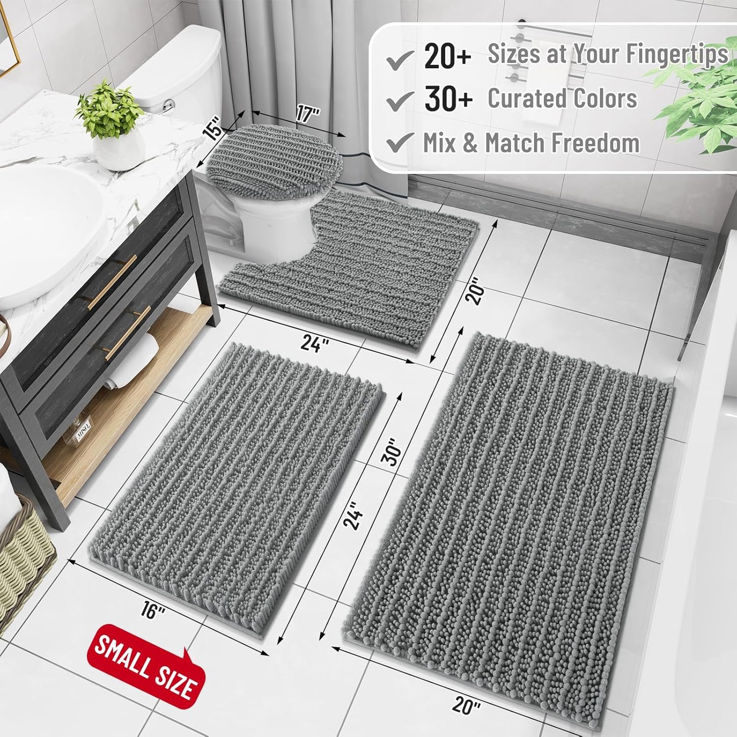 Arotive Luxury Chenille Bathroom Rug Mat, Extra Soft Thick Absorbent Shaggy Bath Rugs, Non-Slip Machine Wash Dry, Plush Bath Mats for Bathroom, Shower and Tub, 70x24, Grey