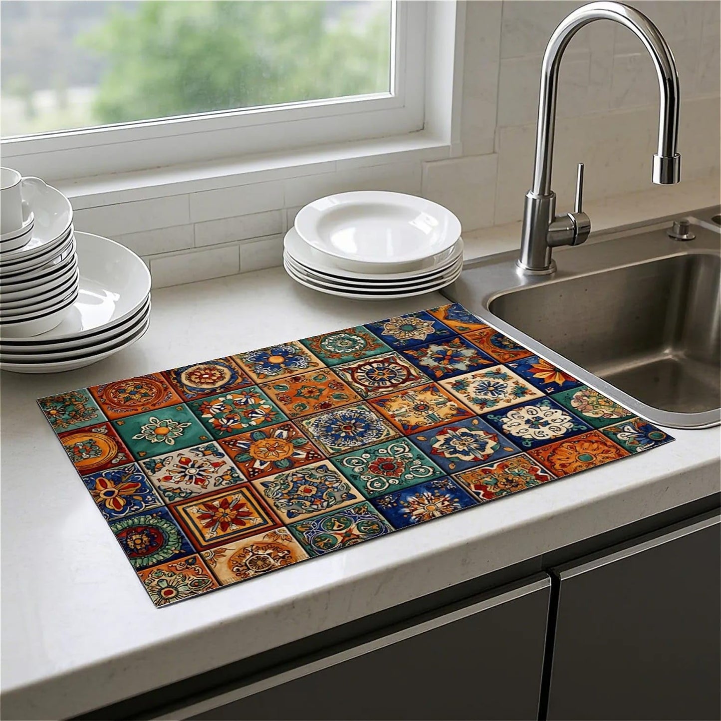 Dish Drying Mat For Kitchen Counter, Talavera Mexican Tiles Microfiber Absorbent Dish Drainer Rack Pad Reusable Large 18x24in Drying Mat