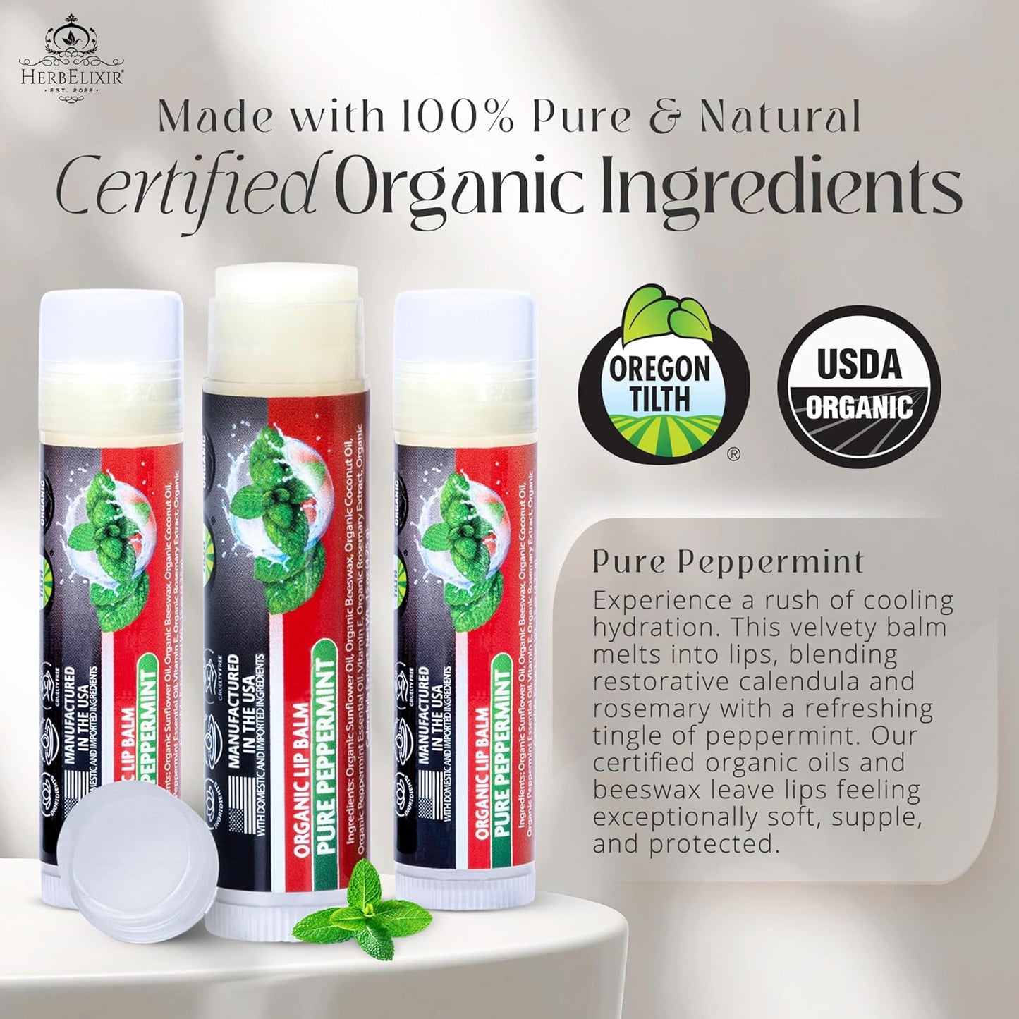 Organic Peppermint Lip Balm 3 Pack | Moisturizing Mint Chapstick for Dry, Chapped Lips | For Men and Women