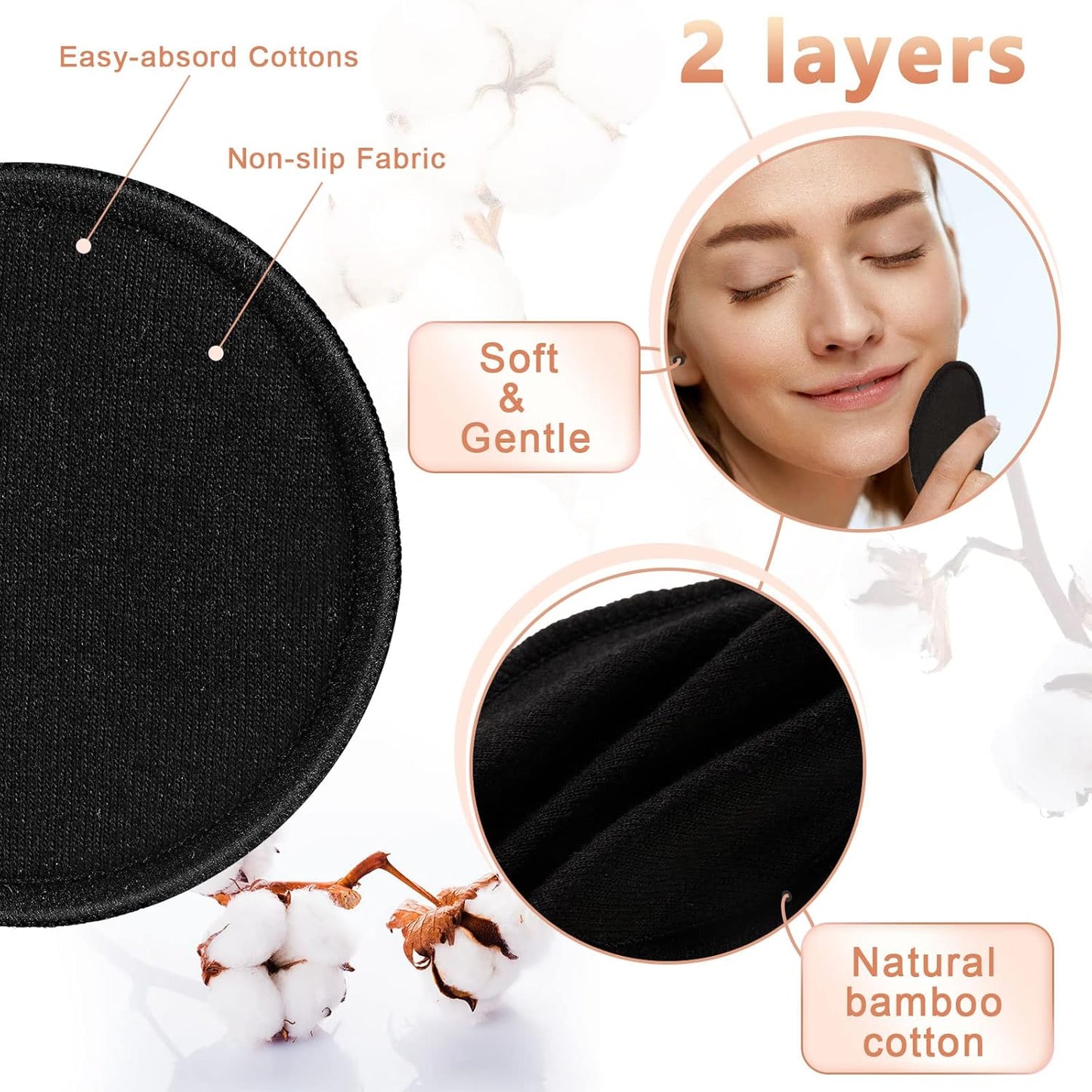 Foaincore 40 Pcs Reusable Makeup Remover Pads with Mesh Laundry Bag Washable Bamboo Cotton Rounds Soft Reusable Face Pad for Toner Skin Types with Bamboo Holder(Black)