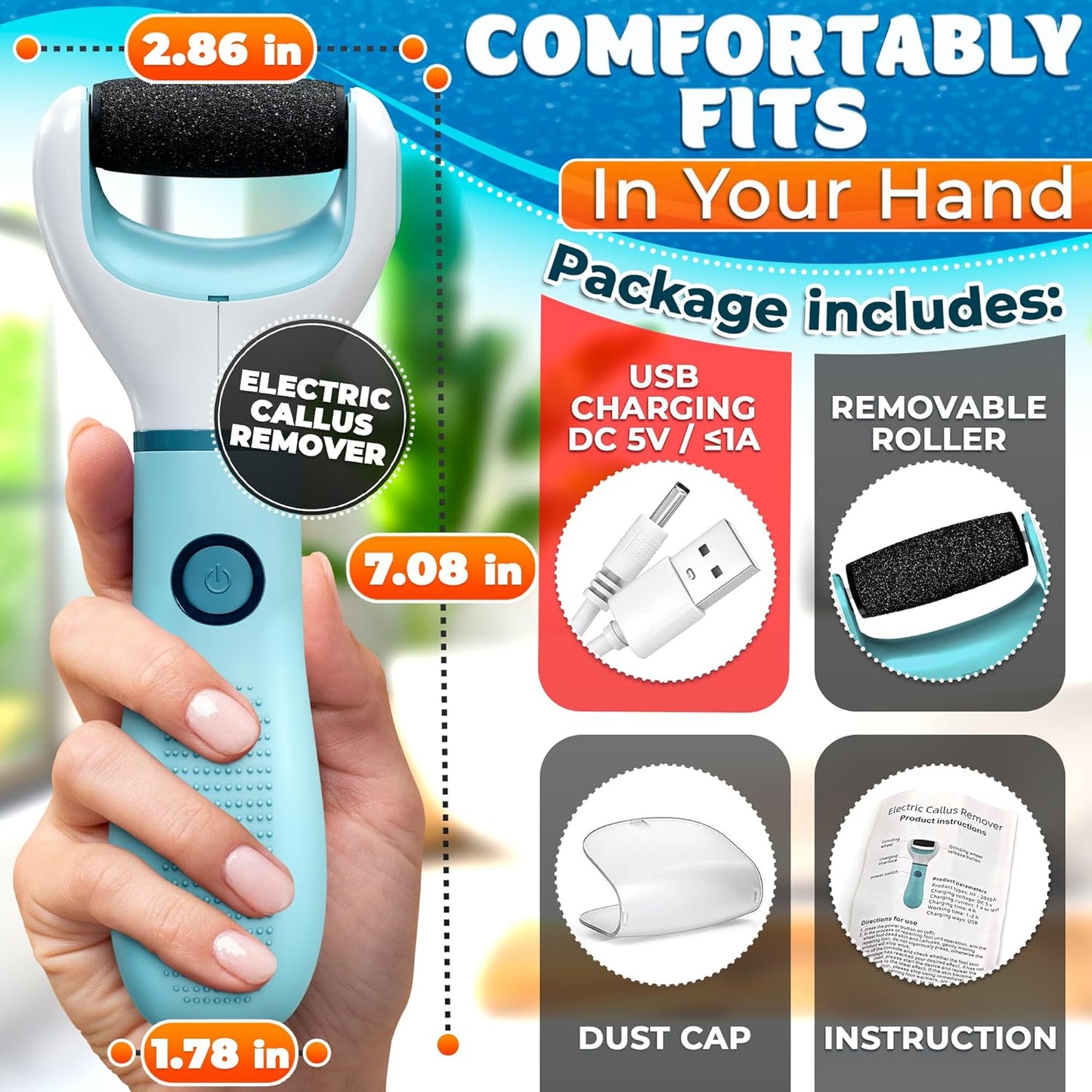 Rechargeable Electric Foot Callus Remover Tool – High-Speed 2800 RPM Electric Foot Sander Callus Remover with Replaceable Roller – Compact & Easy Maintenance, Up to 2-Hour Runtime for Smooth Feet