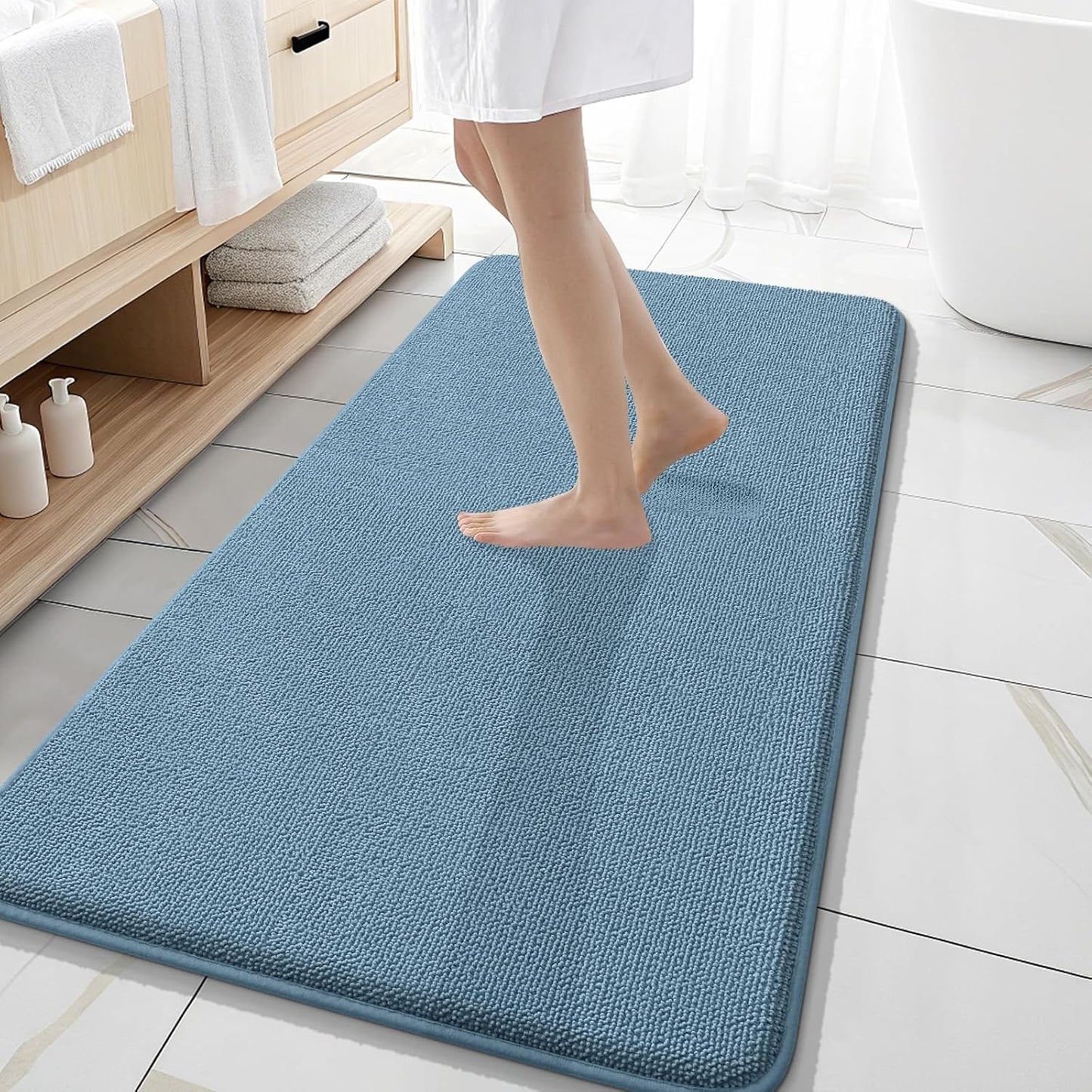 OLANLY Thick Memory Foam Bath Mat Rug 47x20, Extra Soft Absorbent Bathroom Rug, Quick Dry Bath Mats, Non-Slip, Machine Washable Carpet for Bathroom, Tub and Shower, Home Decor Accessories, Airy Blue
