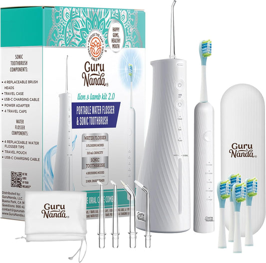 GuruNanda Lion & Lamb Kit 2.0, Electric Toothbrush with Water Flosser Combo, 4 Jet Tips, 4 Brush Heads, & IPX7 Waterproof Design for Complete Oral Care, White