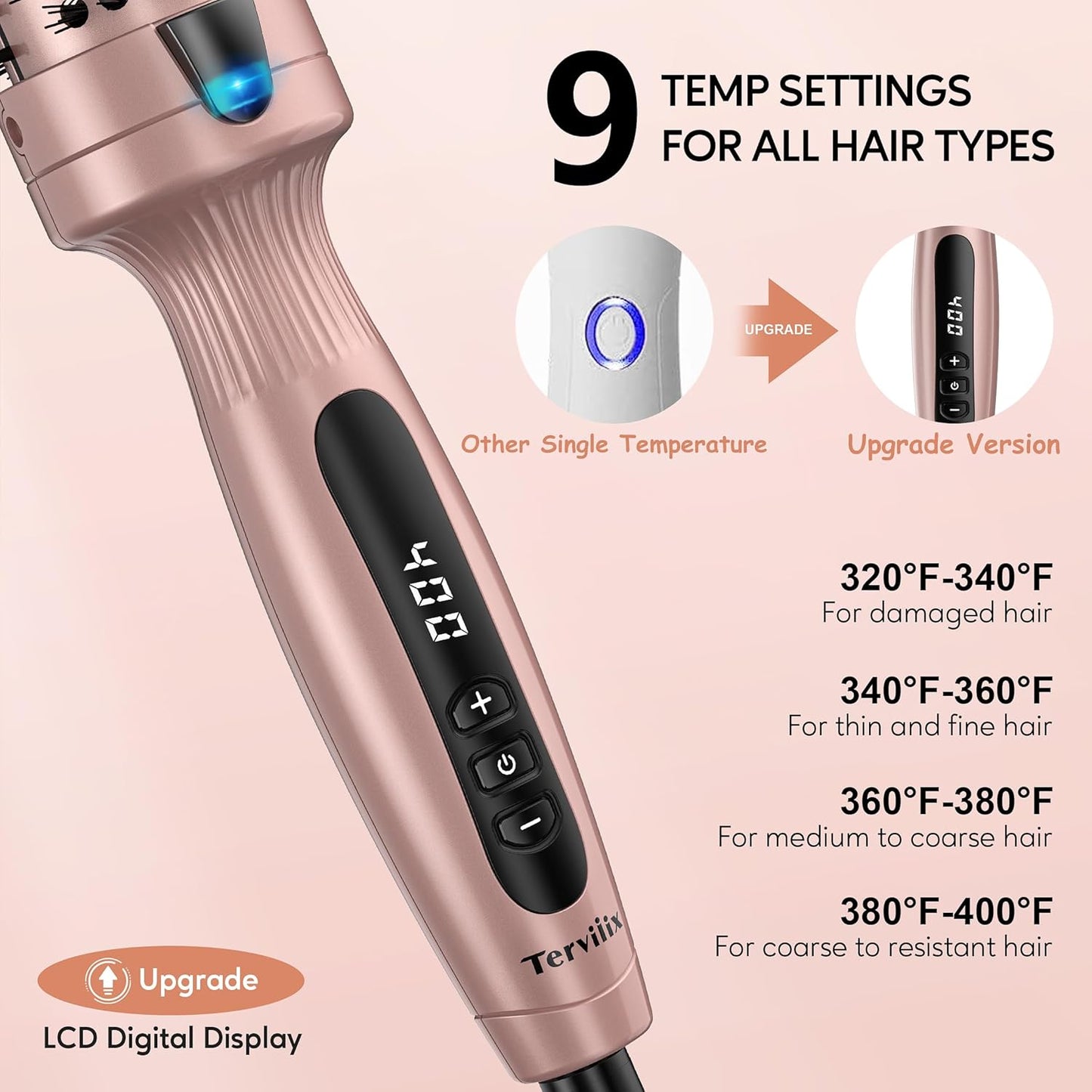 Terviiix Thermal Brush Get Voluminous Style, Quick Heating Hot Brush, Ceramic Tourmaline Ionic Heated Curling Iron, Digital Display 9 Temperatures Curling Wand, Dual Voltage, 1.5 Inch