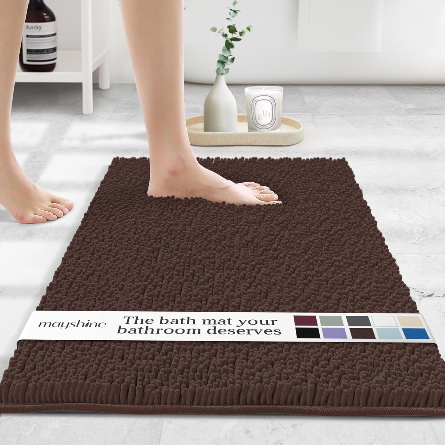 MAYSHINE Plush Shaggy Chenille Bath Mat | Extra Soft, Super Absorbent, Non-Slip Bathroom Rug | Fluffy Microfiber, Area Rug Sets for Bathroom Floor, Kitchen, Living Room | 23"x14" | Brown