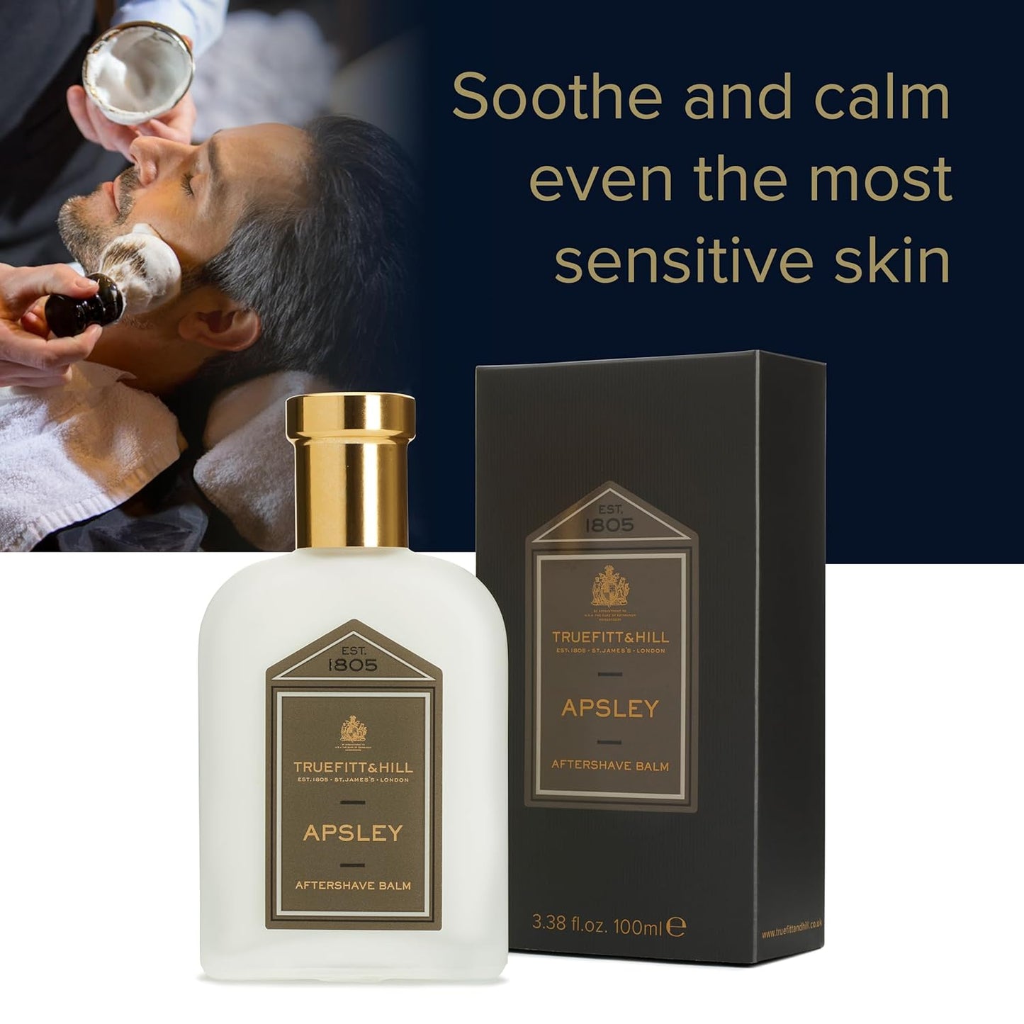 Truefitt & Hill Luxury Aftershave Balm - Apsley - Premium Soothing Moisturizer with Aloe Vera Extract - Ideal for Sensitive Skin, Razor Burn Relief, and a Silky Smooth Finish - 3.38 oz.