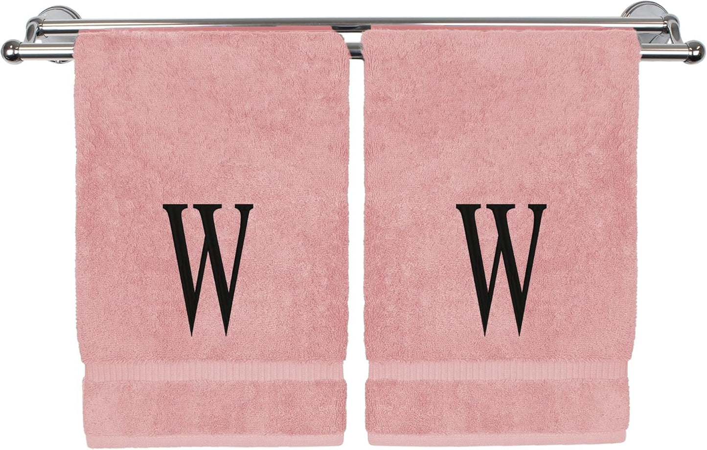 Monogrammed Hand Towel, Personalized Initial Gift, Extra Absorbent 100% Turkish Cotton - Soft Terry Finish - Set of 2 - Black Block Initial W - Embroidered on Pink Towels