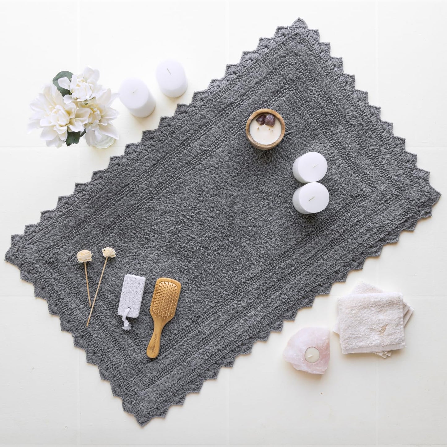 RAJRANG Titanium Grey Cotton Bath Rug – Rectangle 34x21 Inches with Crochet Edge – Reversible, Absorbent, Soft Boho Mat for Bathroom, Vanity, Spa, or Kitchen Use