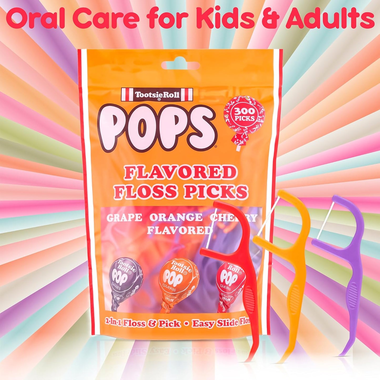 Flavored Floss Picks, 300 Count, Dental Floss Picks for Teeth with Fun Fruit Flavors, Flosser Picks for Adults and Children, | Grape, Orange & Cherry Flavor