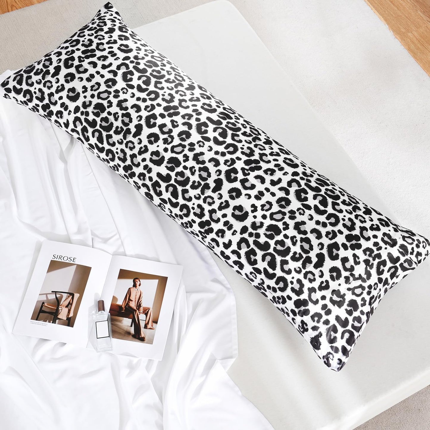MR&HM Satin Body Pillow Cover, Soft and Breathable Body Pillow Case with Envelope Closure, Cooling and Silky Long Pillowcase for Hair and Skin,Grey (20x54, White Leopard)