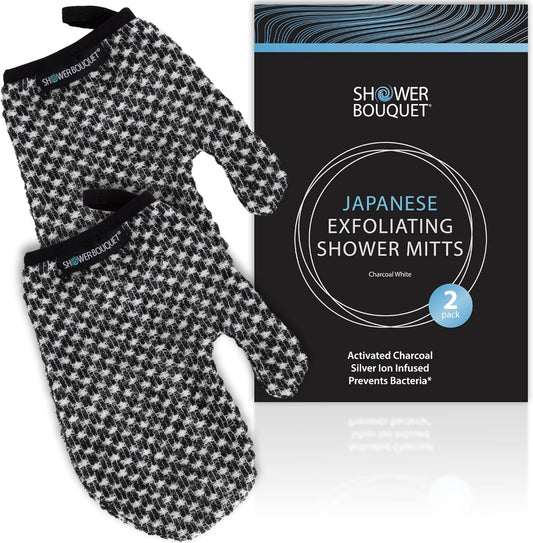 Japanese Exfoliating Mitt 2-Pack - Charcoal & Silver Ion Exfoliating Gloves for Shower - Soft Inner Fabric Gentle Exfoliation & Deep Cleansing Body Scrub Gloves for All Skin Types - 2 White
