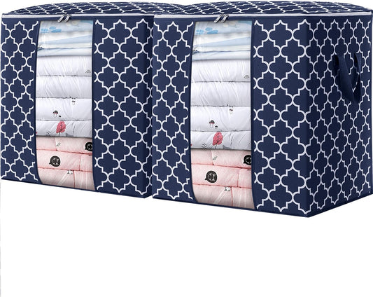 WISELIFE Storage Bags 2 Pack/100L Large Blanket Clothes Organization and Storage Containers for Comforters,Bedding, Foldable Organizer with Reinforced Handle, Clear Window, Sturdy Zippers,Blue