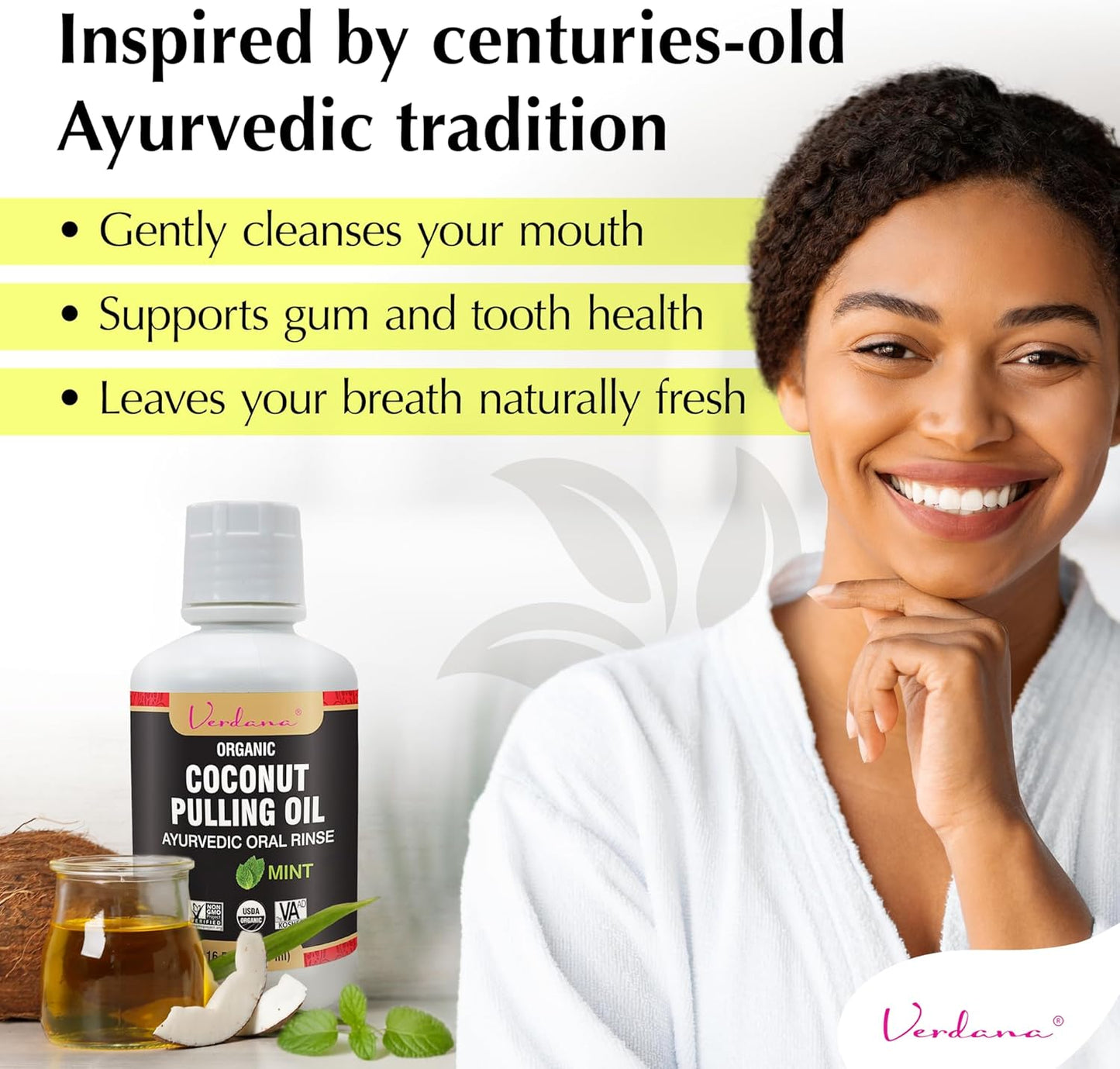 Verdana Organic Oil Pulling Mouthwash – 16 oz Mint – USDA Organic Coconut Oil Rinse for Teeth & Gums – Alcohol-Free, Fluoride-Free Natural Mouthwash for Fresh Breath & Gum Health