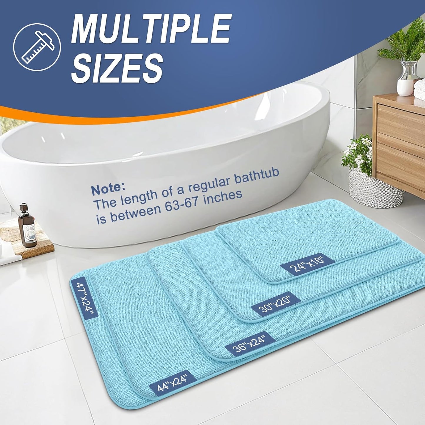OLANLY Thick Memory Foam Bath Mat Rug 24x16, Extra Soft Absorbent Bathroom Rug, Quick Dry Bath Mats, Non-Slip, Machine Washable Carpet for Bathroom, Tub and Shower, Home Decor Accessories, Sky Blue