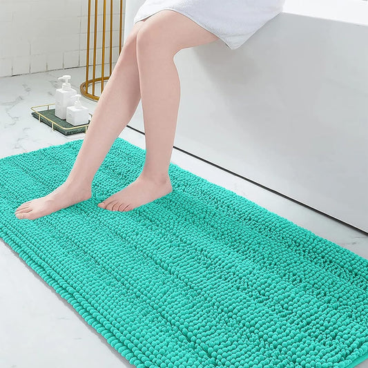 Grandaily Chenille Striped Bathroom Rugs 70x24, Extra Thick and Absorbent Bath Mats, Non-Slip Soft Plush Shaggy Shower Carpet, Machine Wash Dry, Bath Rug for Bathroom, Teal